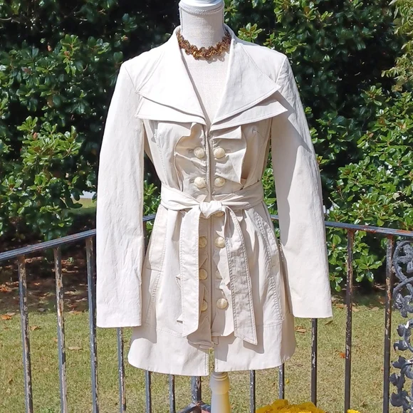 Kenar - Cream Multi Button Ruffled, Belted,Lined and Water Resist Jacket WS - Picture 1 of 16